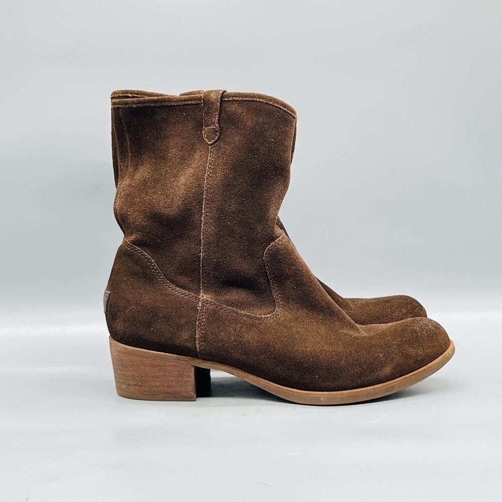 UGG Boots Womens 11 Brown Suede Ankle Block Heel Pull On Casual Booties Shoes